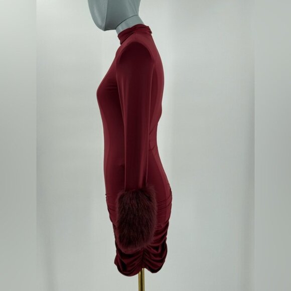 🆕 BRONX & BANCO 🧿 NWOT Eleanor Burgundy Fur Trimmed Mini Dress, Sz XS US 2 - Picture 7 of 17